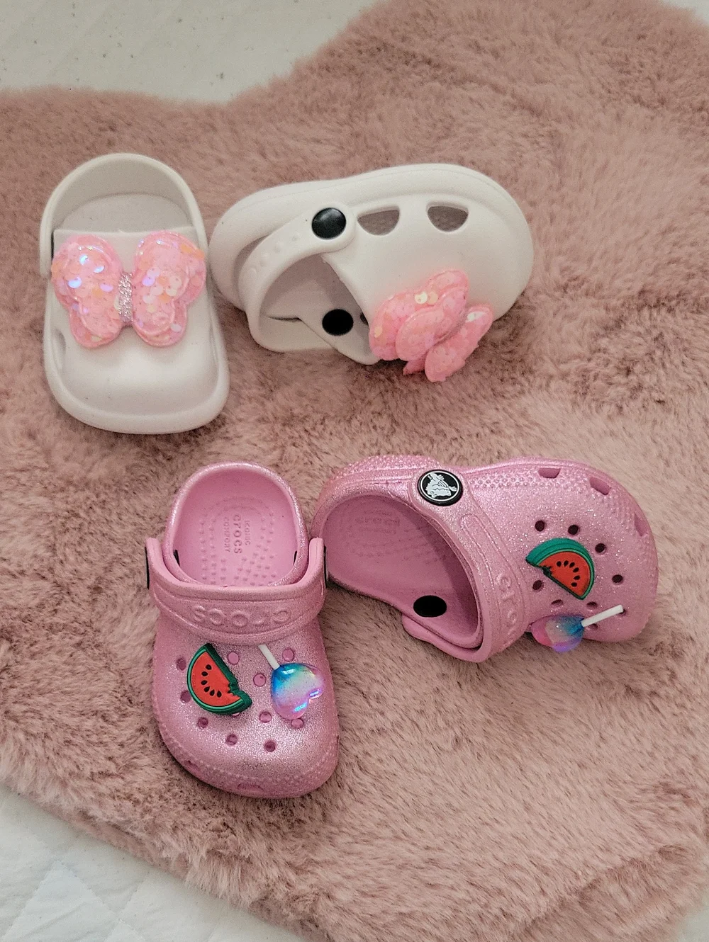 CROCS Baby Glitter Pink Clogs with Watermelon and Iridescent Charms